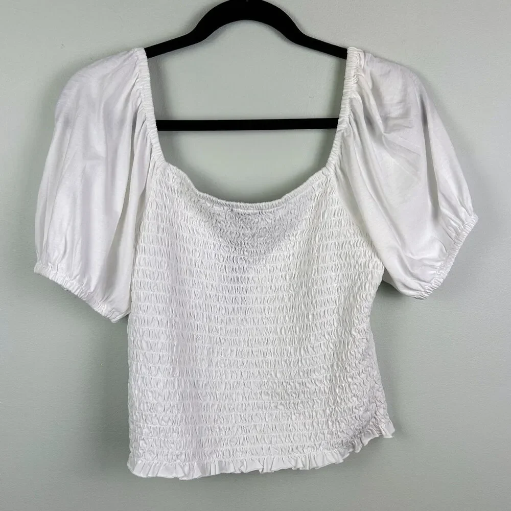 NWT J.CREW Smocked Broken-in Jersey Cropped Top Puff Sleeve Cotton Shirt White M